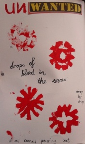 Red snowflakes and black text that reads UNWANTED, Drops of Blood in the Snow, drop by drop, it all comes pouring out
